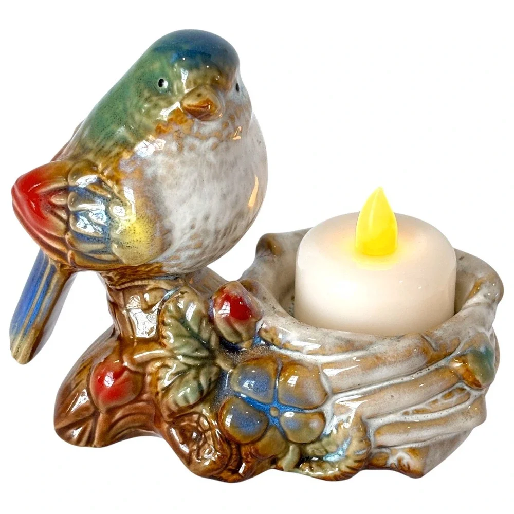 Majolica Style Ceramic Songbird Nest Votive Tealight Candle Holder Vintage